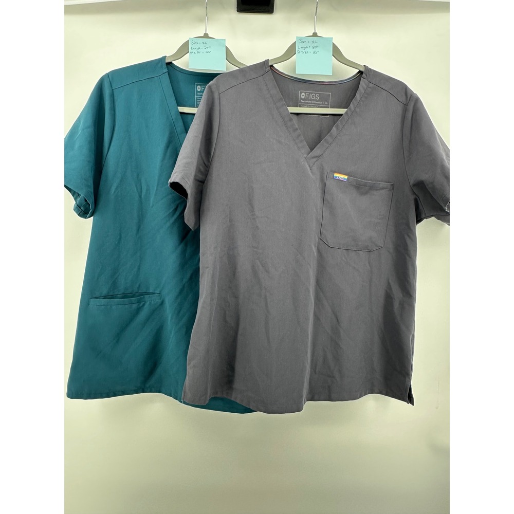 FIGS Technical Scrub Tops Bundle XL Teal Casala & Graphite Grey w/Rainbow Logo